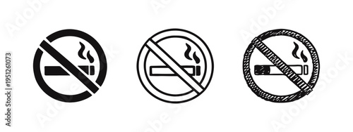 No Smoking sign icon set with solid, outline, and hand-drawn styles. Health and public safety concept illustration.