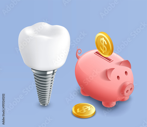 Dental implant next to a piggy bank with coins. Budget for dental treatment, health insurance. Vector isometric view.