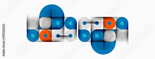 Abstract geometric shapes, blue, orange colors. Overlapping circles, squares create modern design. Minimalist aesthetic, clean lines visible.