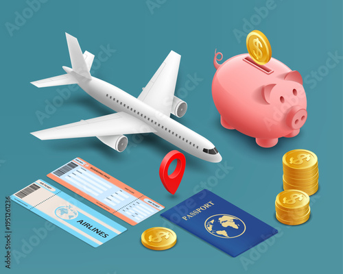 Model of a passenger plane next to airline tickets and a passport. Travel budget and insurance. Vector isometric view.