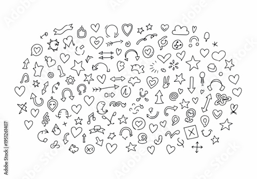 Whimsical collection of hand-drawn doodle design elements including hearts, stars, arrows, and various cute symbols, perfect for creative projects and embellishments
