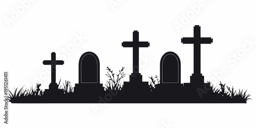 Silhouette of gravestones and crosses in a cemetery landscape