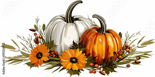 A watercolor illustration of pumpkins flowers and autumnal foliage