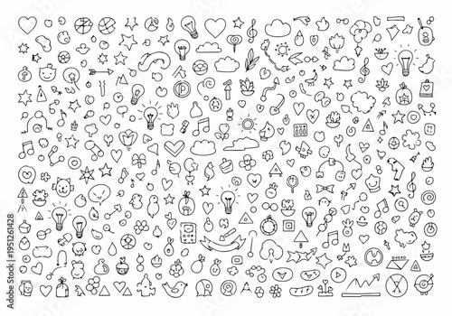 Extensive collection of creative hand-drawn doodle icons and symbols, featuring a versatile visual language in minimalist black and white line art for various graphic projects