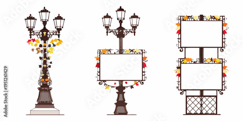 Ornate street lamps adorned with autumn leaves and blank sign frames
