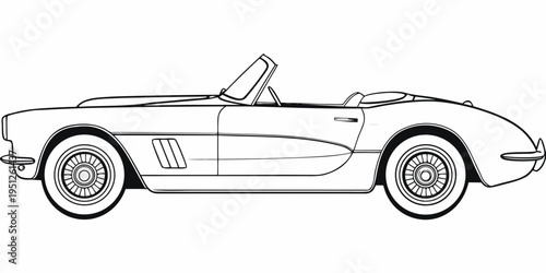 Detailed line drawing of a classic vintage sports car in profile