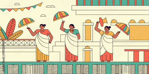 Indian women celebrating with colorful parasols and traditional clothing