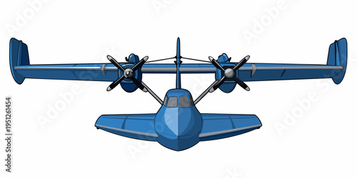 Cartoon illustration of a blue twin engine seaplane viewed from above