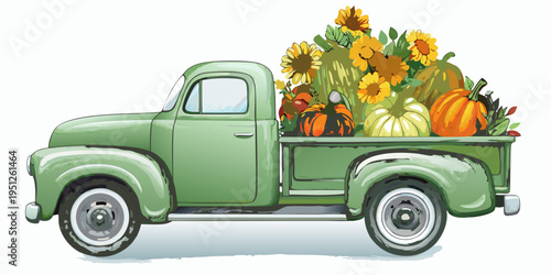Vintage green truck overflowing with autumn pumpkins and vibrant sunflowers