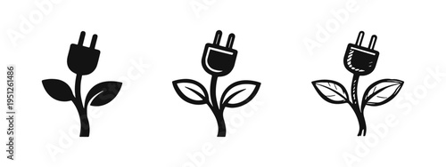 Eco-friendly energy plug and leaves icon set with solid, outline, and hand-drawn styles. Renewable power concept.