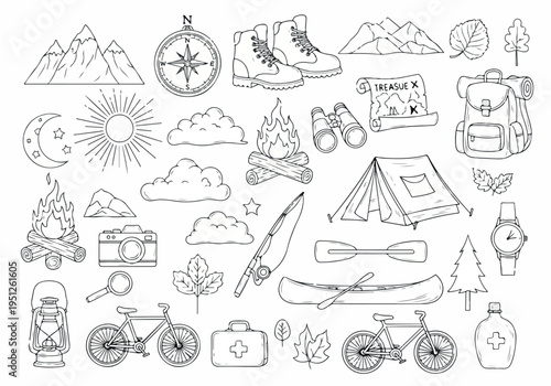 Comprehensive collection of hand-drawn outline icons for outdoor adventures, camping trips, and nature exploration, featuring travel essentials and wilderness gear