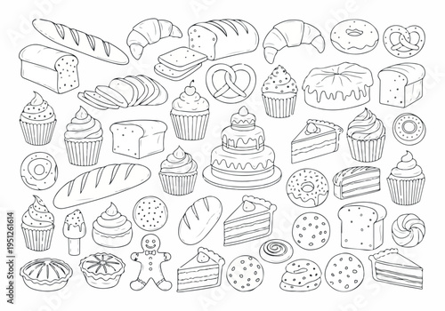 Delightful Assortment of Hand-Drawn Bakery Items and Sweet Pastries - A Comprehensive Outline Sketch Collection for Food-Themed Designs and Menus