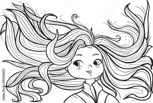 graphic contour vector illustration girl with long hair