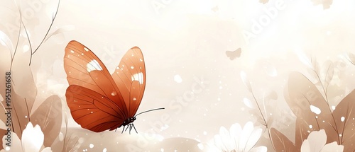 Elegant Watercolor Butterfly with Meadow Flowers in Soft Orange Tones, Minimalist Nature Art