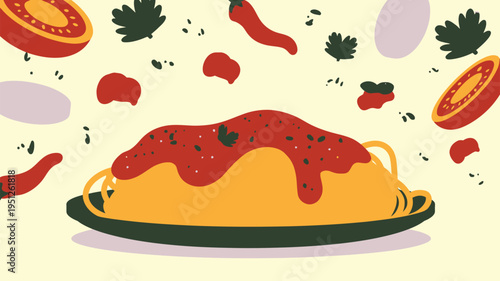 Hearty plate of spaghetti pasta with red sauce and floating ingredients