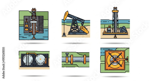 Oil and Gas Industry Icons - Extraction, Storage, and Transportation.