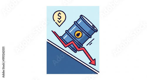Oil Price Decline - Barrel with Downward Arrow Illustration.