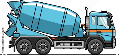 Blue concrete mixer truck transporting building materials to site