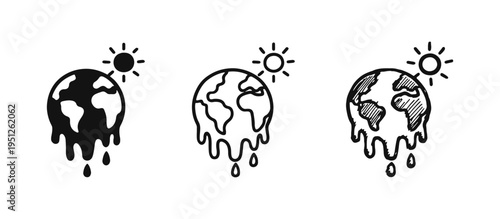 Melting Earth Global Warming Icons. Climate Change Vector Symbol Set and Environmental Crisis Planet Doodle.