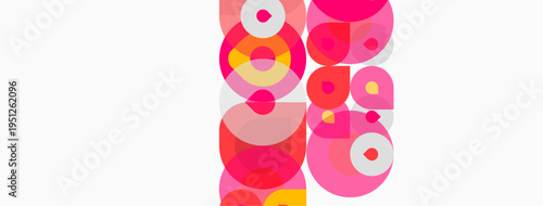 Abstract composition featuring overlapping circles. Pink, yellow hues dominate white background. Modern, playful design elements present.