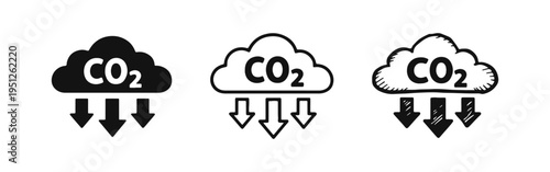 CO2 Emission Reduction Icon Set. Carbon Dioxide Cloud with Down Arrows in Solid, Outline, and Hand-Drawn Styles.