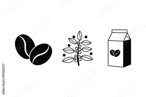 Black and white illustration of coffee beans, coffee plant, and carton of milk on white background, representing a coffee or cafe related concept.
