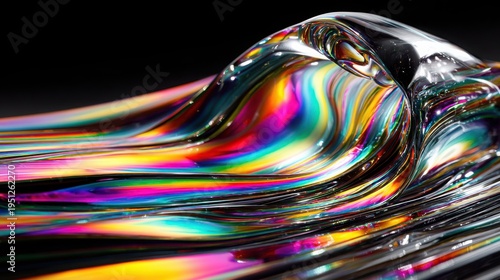 Abstract swirls of iridescent liquid paint creating a vibrant rainbow spectrum wave effect with glossy reflections