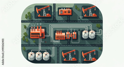 Oil and Gas Industry Infrastructure Illustration with Pumps and Tanks.