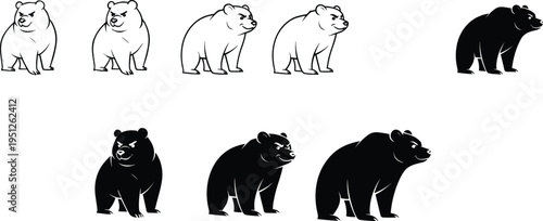 Bear walking pose set vector illustration wildlife animal silhouette and outline collection brown bear movement reference design