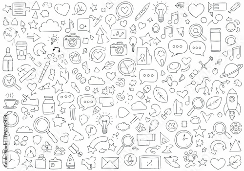 Extensive Collection of Hand-Drawn Doodle Icons and Symbols Illustrating Diverse Concepts for Digital Design and Creative Projects