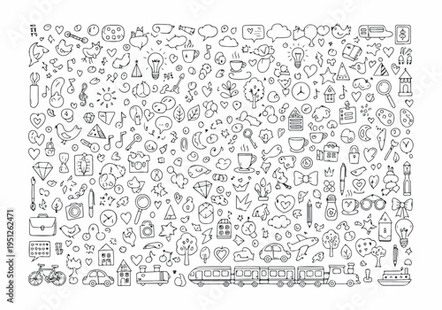 Extensive collection of hand-drawn doodle icons and symbols, perfect for creative graphic design projects and digital art. A diverse set of charming sketch elements for whimsical illustrations