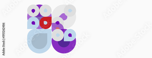 Abstract circles overlap, creating playful composition. Purple, blue hues dominate white background. Simple geometric shapes present modern design.