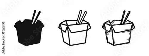 Chinese Takeout Box with Chopsticks Icon Set. Asian Fast Food Container in Solid, Outline, and Hand-Drawn Styles.