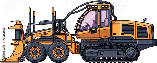 Forestry feller buncher harvester processing timber in the woods