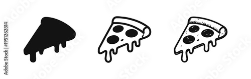 Dripping Pizza Slice Icon Set. Pepperoni Pizza with Melting Cheese in Solid, Outline, and Hand-Drawn Styles.