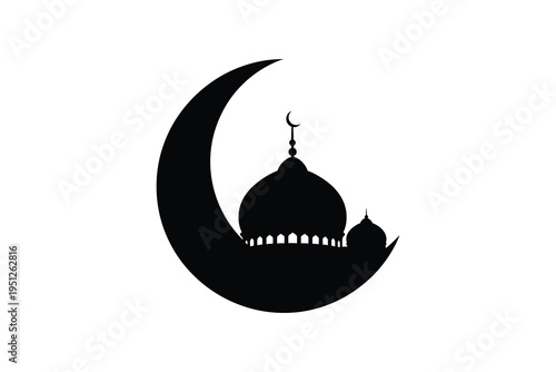 A black silhouette of a mosque with a crescent moon and dome, symbolizing Islamic culture and Ramadan, on a white background.