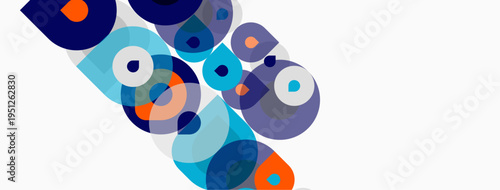Abstract composition featuring overlapping circles. Various shades blue, teal, orange create dynamic visual effect. Clean white background enhances shapes.