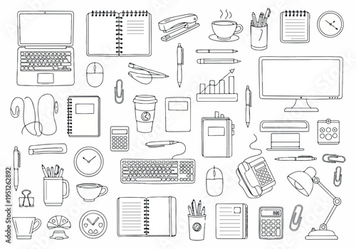 Detailed line art illustration set showcasing a wide range of essential office items, technology, and stationery for modern workspace concepts and business productivity