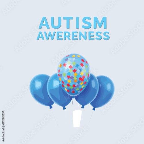 Autism awareness concept with blue balloons and puzzle pieces pattern, illustration for world autism awareness day, neurodiversity and support for autistic people