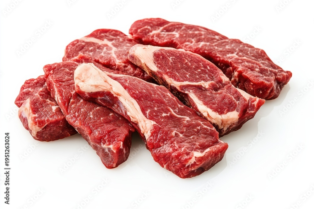 Obraz premium Fresh cuts of beef arranged on a clean surface for preparation and cooking