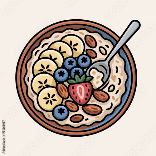 Healthy Oatmeal Breakfast Bowl Illustration with Fresh Berries and Sliced Banana