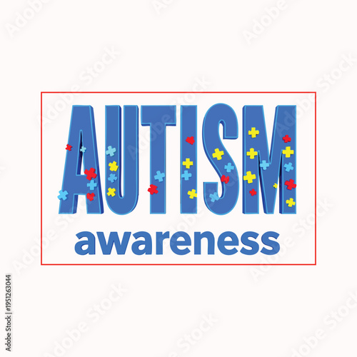 Autism awareness text design with colorful puzzle pieces