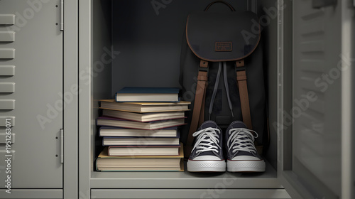 school supplies in a locker with books, sneakers, and backpack