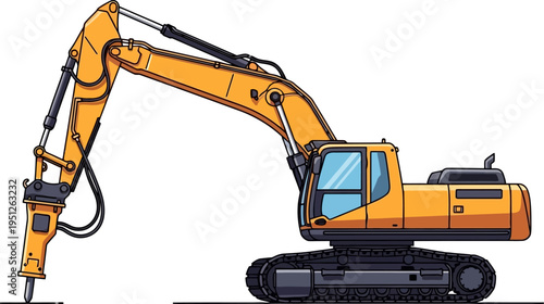 Heavy excavator with hydraulic breaker hammer attachment