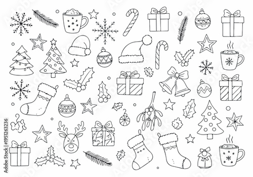 A Comprehensive Collection of Hand-Drawn Christmas Doodles and Winter Holiday Elements Festive Seasonal Icons, Illustrations, and Decorations for Creative Design Projects