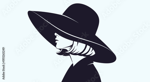 Mysterious woman's profile with a chic bob haircut, wearing a large wide-brimmed hat, on a light blue background.