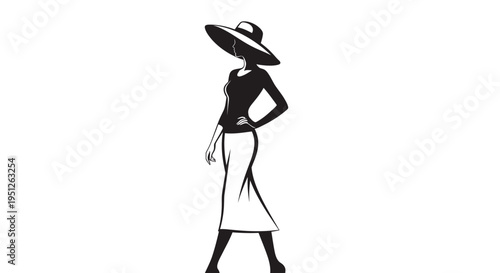 Elegant woman's silhouette posing confidently with hand on hip, wearing a wide-brimmed hat, fitted top, and flowing skirt, isolated white background.