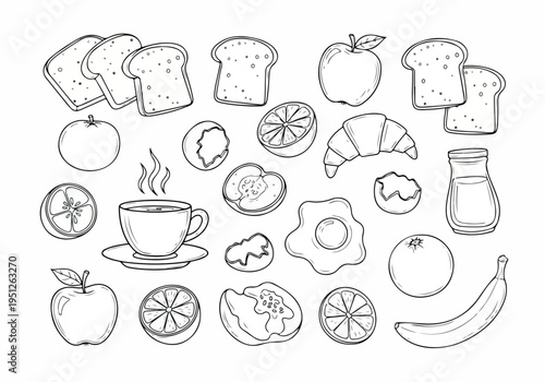 Outline Collection of Diverse Breakfast Foods Healthy Morning Meal Doodles Featuring Fruits, Toast, Coffee, Eggs, and Croissants for Graphic Design Assets