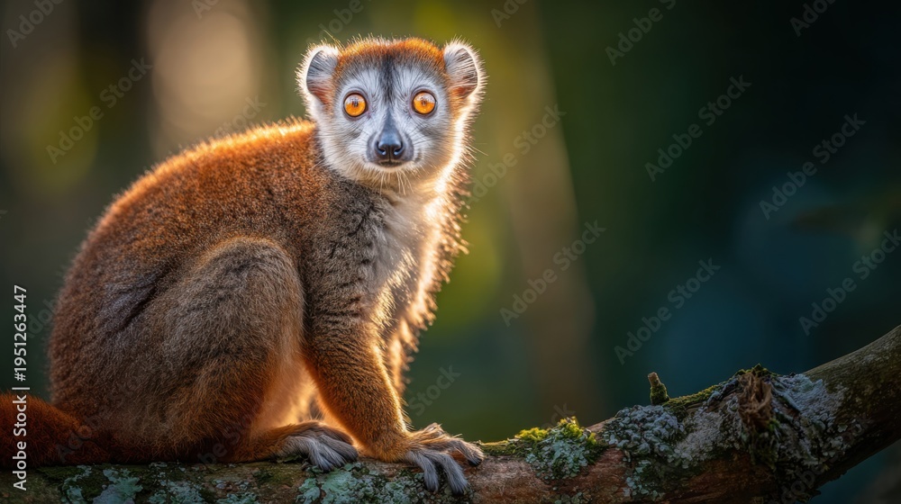 Naklejka premium Close-up portrait of a curious lemur sitting on a tree branch bathed in soft sunlight