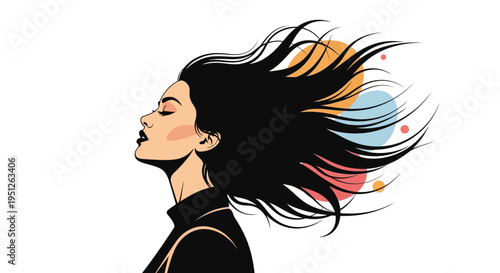 Serene Woman Profile with Long Flowing Black Hair and Colorful Abstract Elements on Isolated White Background